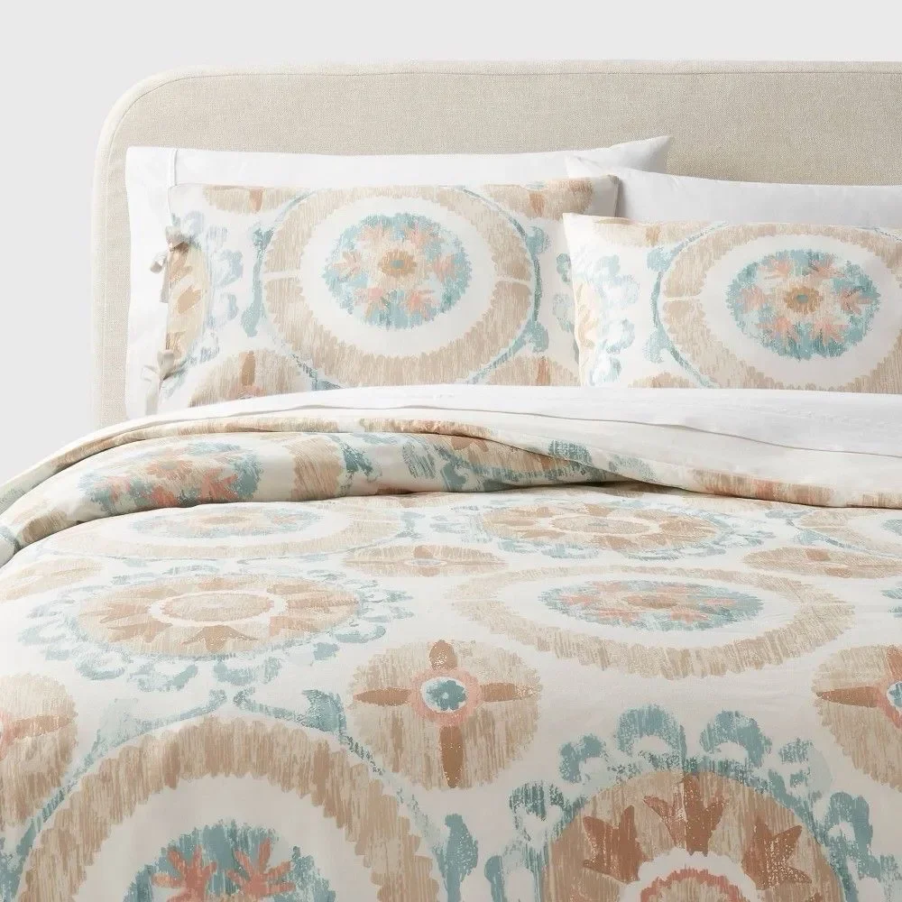 Threshold Suzani Duvet Cover Sham Set Full Queen Ivory Teal Blue New